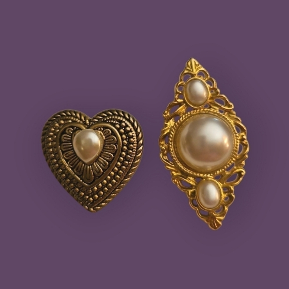 3/$30 Vintage Victorian Style Gold and Pearl Heart Brooch Set